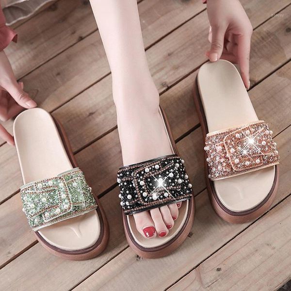 

glitter crystal bow-knot pearl studs muffins sandals women thicken open toe platform slippers rhinestone bordered flat sandalias1, Black