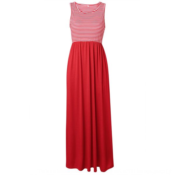 

2020 new summer round neck slim sleeveless long skirt striped long skirt dress 3wjkh, Black;gray