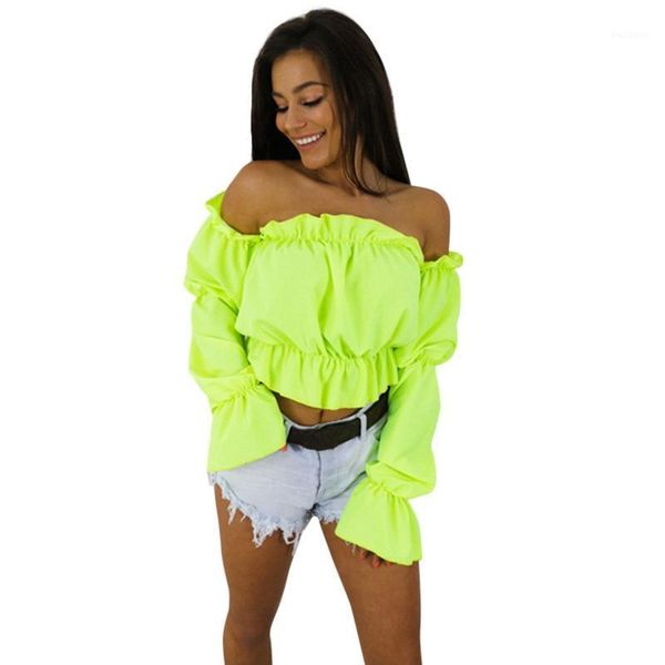 

off shoulder candy color crop women summer dot print lantern sleeve shirts lady slash neck beach blouse sale1, White