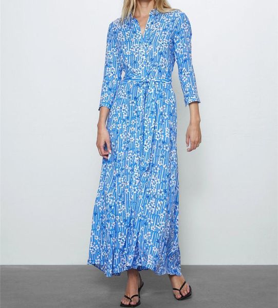 

elegant za floral spring shirt dress women 2021 long sleeve lapel front button self belt female slim maxi dresses vestidos, Black;gray