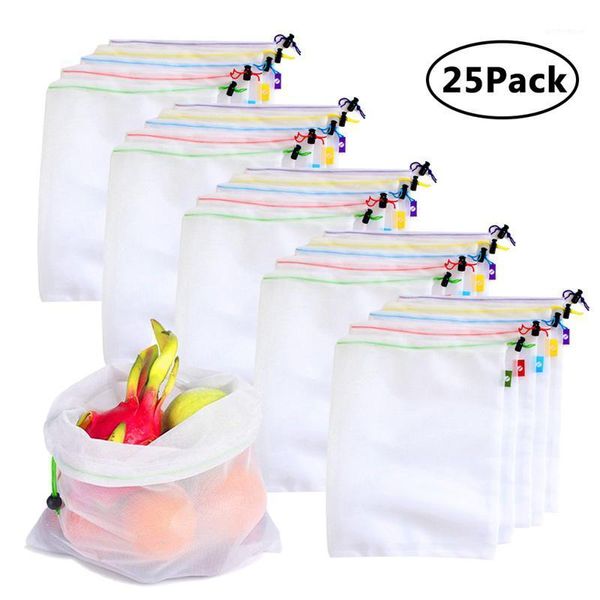 

hanging baskets 25pcs/lot reusable mesh produce bags washable eco friendly for grocery shopping storage fruit vegetable toys sundries1