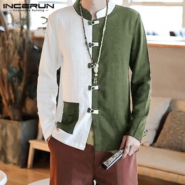 

vintage men casual shirt patchwork cotton stand collar long sleeve button pockets street camisa chinese style shirts men incerun, White;black