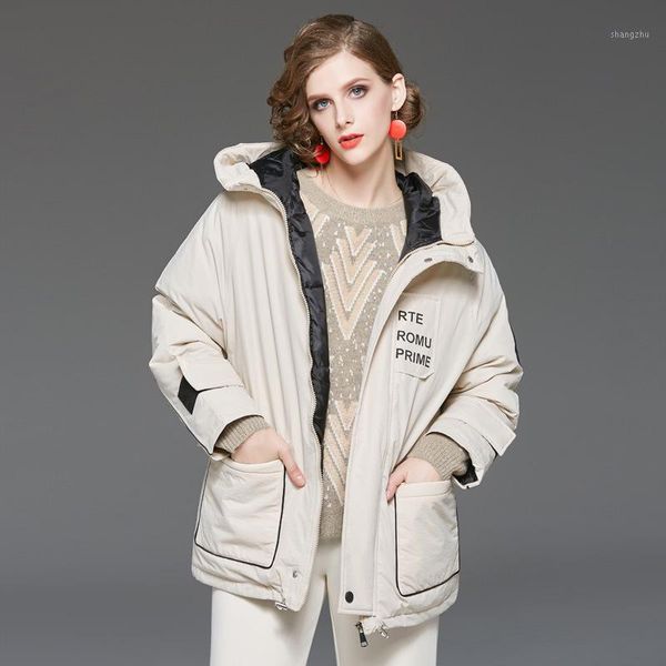 

2019 fashion trend comfortable slim worsted cotton new winter coat women long sleeve hooded zipper wide-waisted letter print1, Black