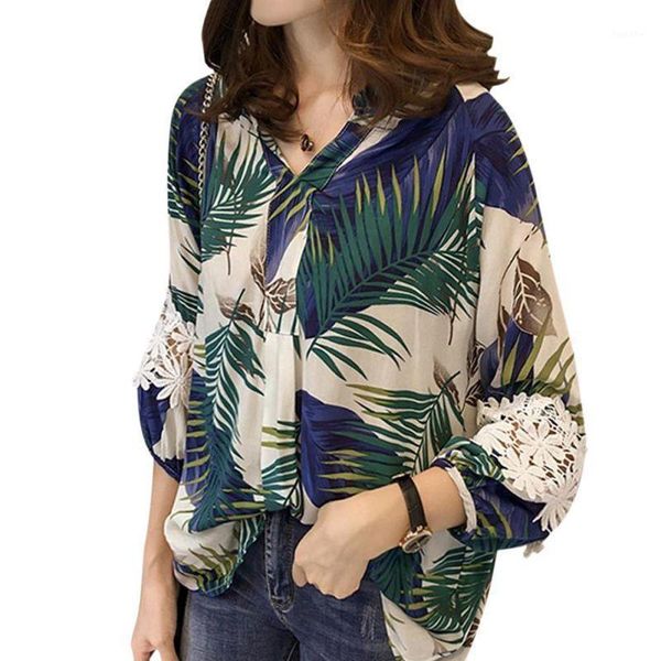 

2021 women's vintage floral v neck blouses long sleeve loose shirts lace patchwork casual plus size blusas1, White