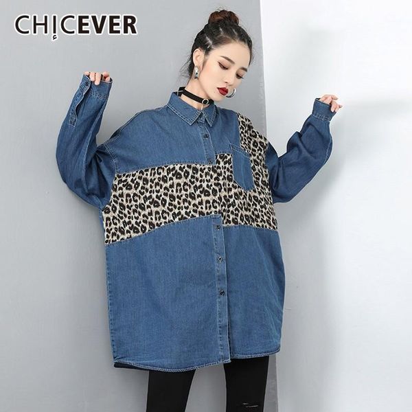 

chicever patchwork leopard women's blouses shirts lapel long sleeve loose denim blouse fashion casual clothes new1, White