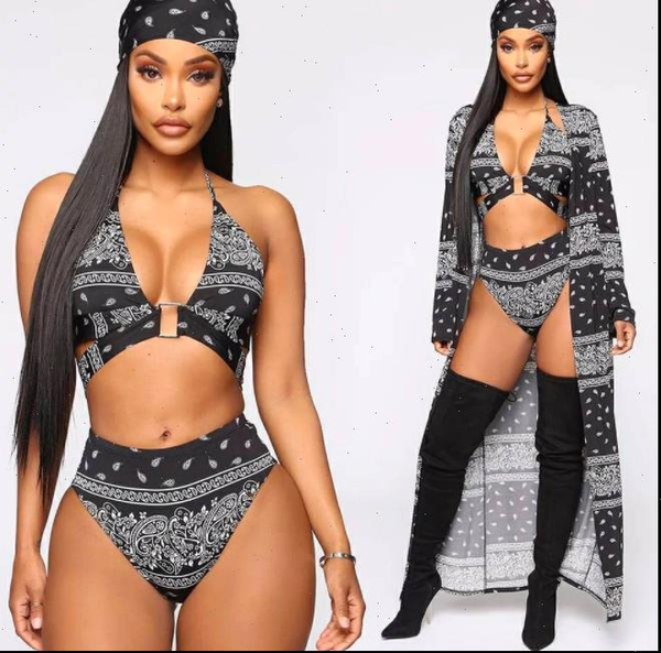 

women bandana print four pieces set swimsuit, Gray