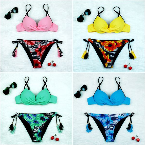 2020 neue Bikini Frauen Badeanzug Niedrige Taille Badeanzug Candy Farbe Quasten Spitze-up Bademode Push-Up Bikinis Set sommer Strand Tragen Biquini M15