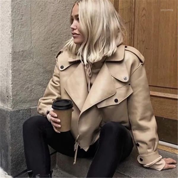 

women's loose lapel leather jacket dark black european and american style loose pu leather jacket profile1