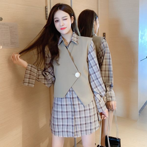 

осень 2020 новый свободный британский стиль фонарь рукав плед рубашку платье dressvest платье жилет моды две кусок костюм ccsz9, Black;gray