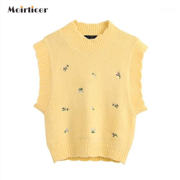 

2020 women sweet yellow knitted vest waistcoat floral embroidery sleeveless stretchy jacket female cute chic mujer1, Black;white