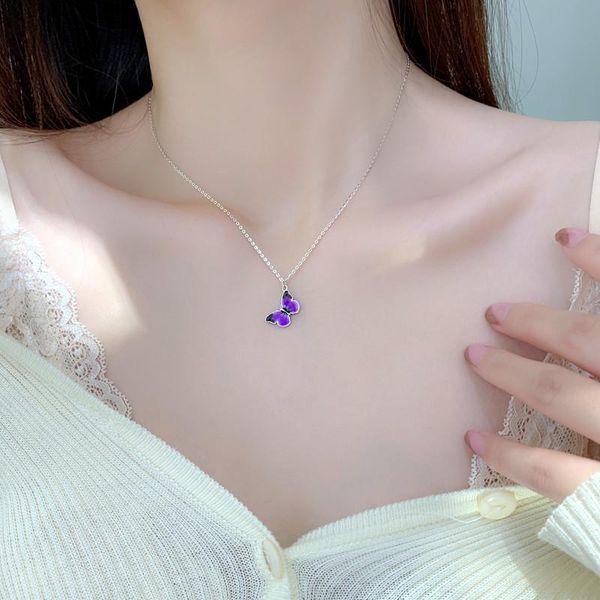

chains blue and purple butterfly necklace for women long wild clavicle chain pendant refined stylish mujer gift 2021 trendy, Silver