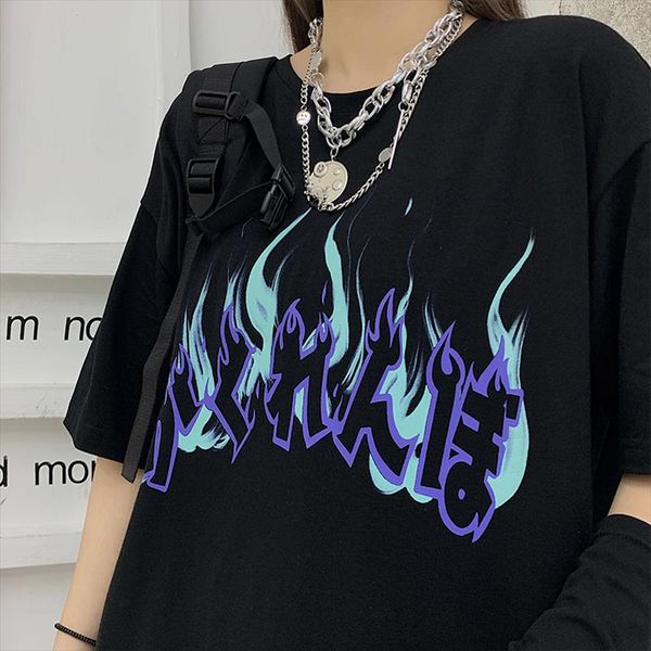 

punk streetwear women japan hip hop harajuku casual loose gothic tees summer ulzzang girls chic vintage flame print t shirt, White