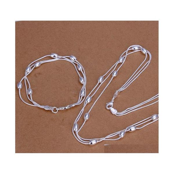 

high grade 925 sterling silver three line light bead bracelet necklace jewelry set dfmss140 brand new factory direct 925 silver hyti4