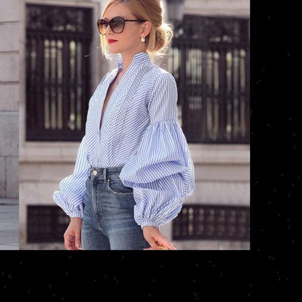 

fashion ladies casual shirt lantern sleeve women spring autumn loose long sleeve blouse v neck fashion, White