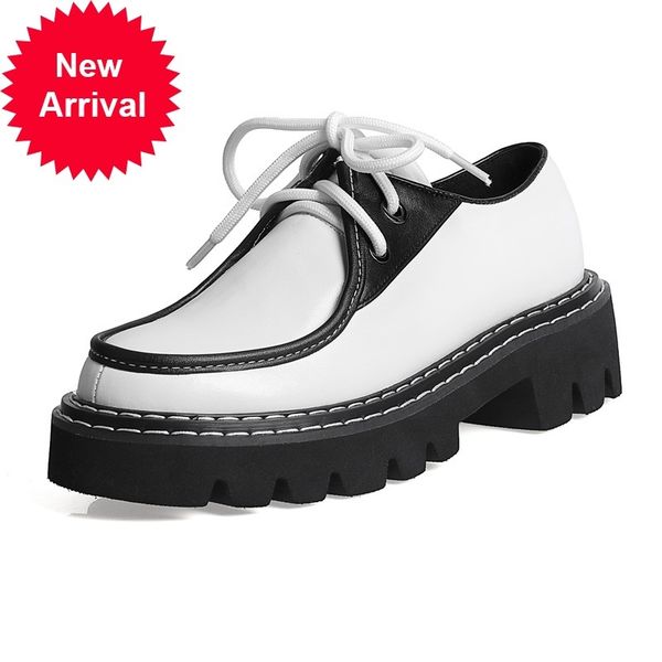 

2021 new genuine female leather black toe white woman shoes lace up to high heels 6m7e
