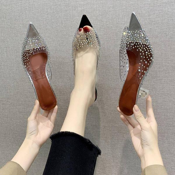 

sandals ladies shoes peep toe women's casual shoe women fashion high heels transparent pointed female footwear 2021 1, Black