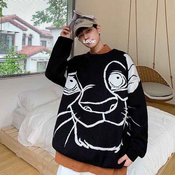 

2020 autumn and winter new korean version japanese cartoon jacquard round neck couple loose trend casual pullover sweater, White;black