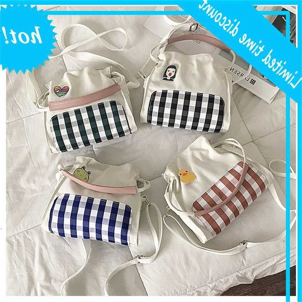 

little fresh lattice women's water bucket canvas girl's one shoulder messenger bag