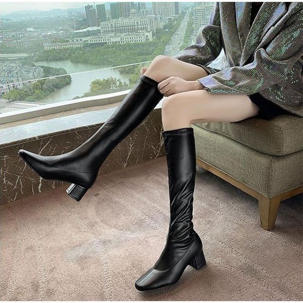 

boots women's stretch knee high suede heels shoes footwear 2021 casual ladies long fashion autumn woman female, Black