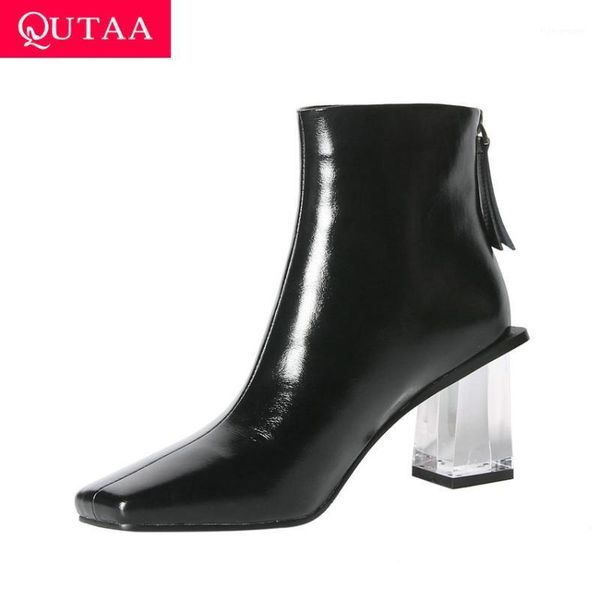 

boots qutaa 2021 transparent square high heel fashion ankle autumn winter cow leather toe zipper women shoes size 34-391, Black