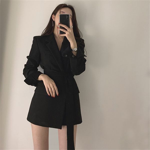 

2021 Chick-length Meads Female Blazer Korean Retro-belt Lady in Office New Jacket Black Blazers White Solid Color QZVS, White;black