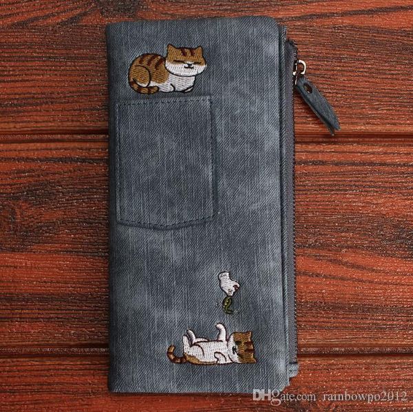 

factory wholesale women handbag new jeans style long purses beautifully cute cat embroidered women purses pockets decorated girl purses, Red;black