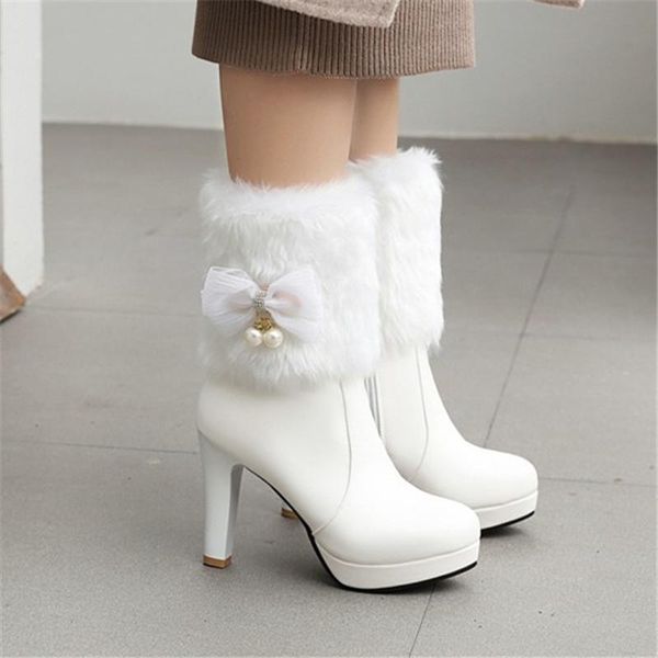 

boots pxelena elegant butterfly-knot pearl women wedding white pink faux fur high heels ankle dress party shoes plus size, Black