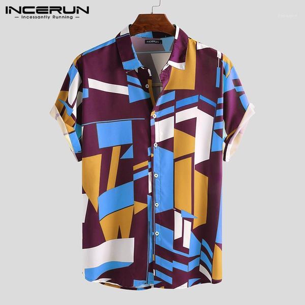 

incerun summer men hawaiian shirt geometric printed short sleeve lapel streetwear leisure casual beach shirts camisa s-5xl 20201, White;black