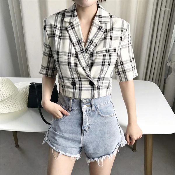 

women's suits & blazers women casual plaid print cotton linen short female 2021 autumn summer stylish sleeve jacket outwear womens blaz, White;black