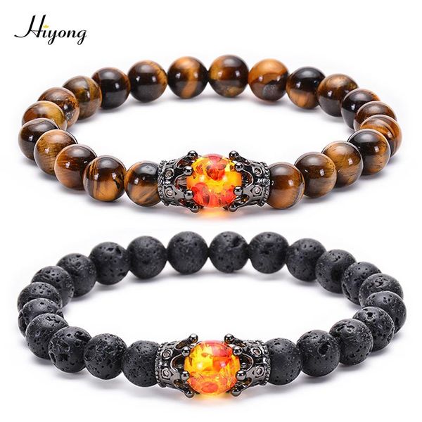 

8mm lava rock tiger eye stone bracelet for men woman natural stone healing beads couple bracelet king crown distance bracelets, Black
