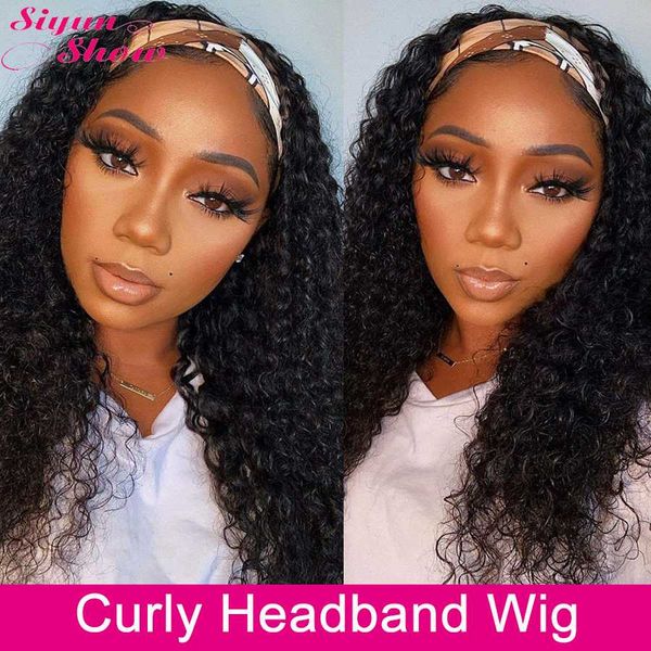 

siyun show headband wig curly human hair wigs for women fast install affordable brazilian hair machine made wig headband wigs, Black;brown