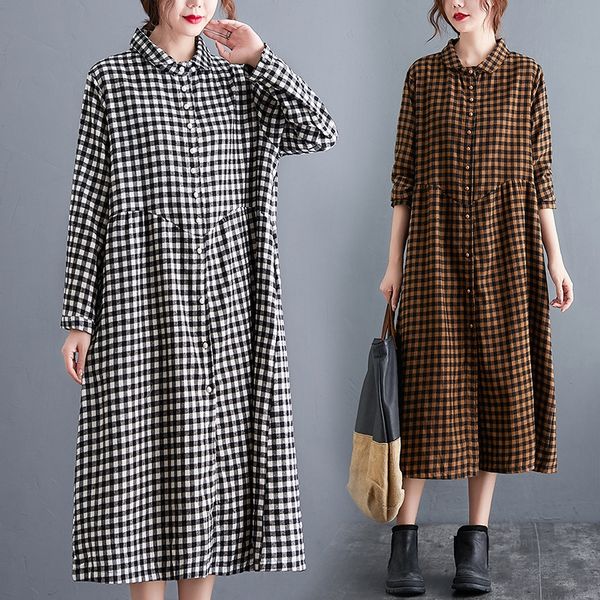 

autumn 2020 new loose style large women's dress plaid cotton slimming slimming cotton and hemp show thin skirt linen long sleeve medium, Black;gray