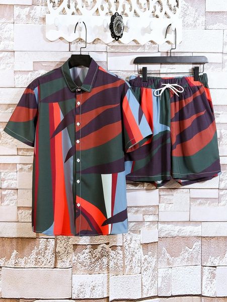 

men tropical print shirt & drawstring waist shorts s9ns#, Gray