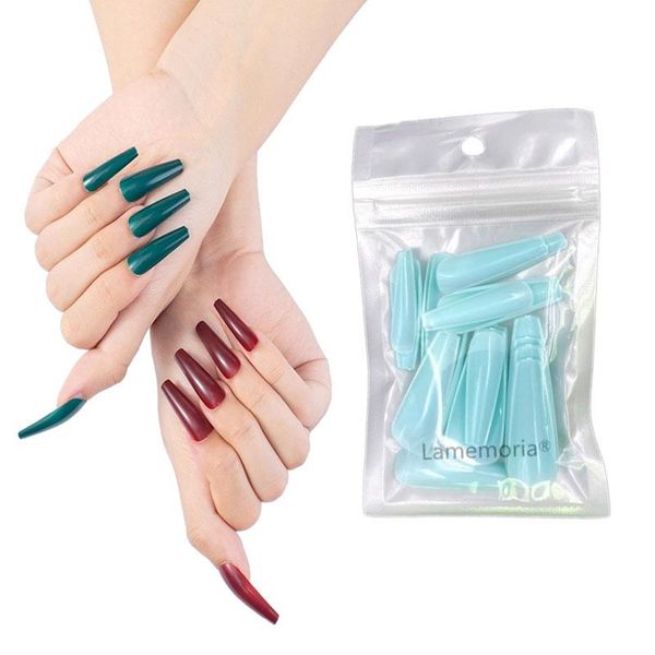 

20pcs super long full coverage wearable professional fake nails big red blue purple portable nail art technique nail piece, Red;gold