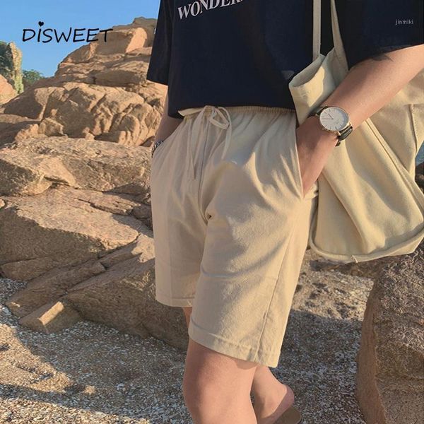 

korean lace-up elastic waist summer shorts for men simple cotton and linen straight slim ladies pockets loose solid short men's1, White;black