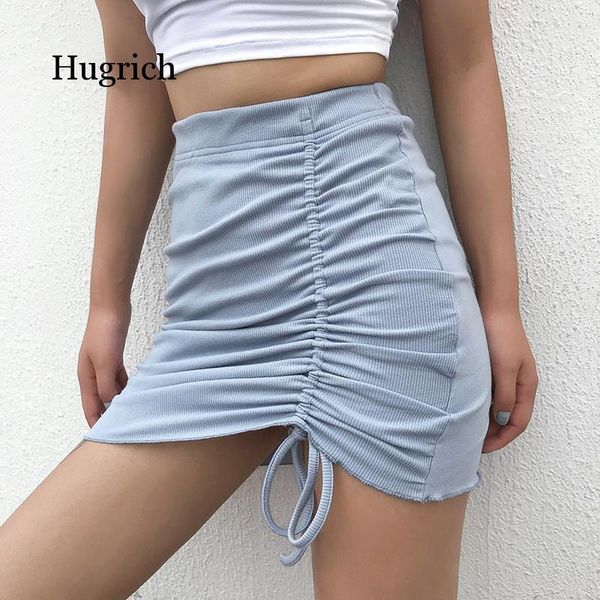 

fashion ribbed bodycon elastic high waist drawstring mini women asymmetrical ruched summer skirts bottom, Black