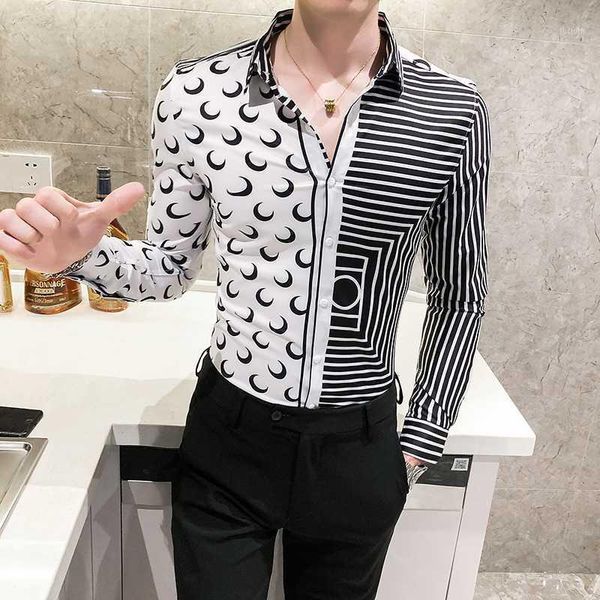 

gzdeerax long sleeve mens shirts luxury moon and stripes printed shirts men dress fashion slim fit party male 3xl1, White;black