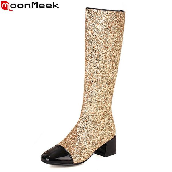 

moonmeek 2020 new women boots thick high heels square toe ladies shoes winter mixed colors knee high boots, Black