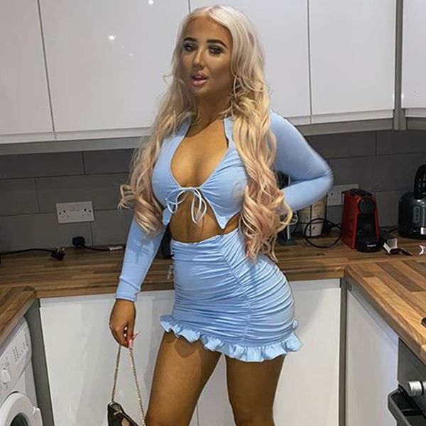 

ruffles сексуальные ruched два штуки набор женщин длинный сон топ и мини юбка подходит набор 2020 осень 2 частей набор одежды новый, Gray