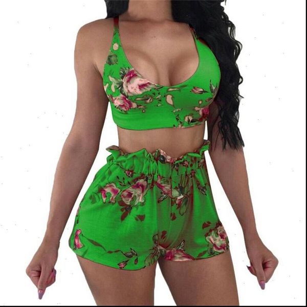 

women floral 2pcs set bodycon lacing tank crop bralette ruffle loose shorts lady chic beach club suits summer clothes, Gray