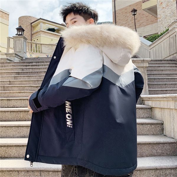 

2020 winter thickened tide color matching hooded down men's korean slim youth casual wool collar cotton padded jacket, Black