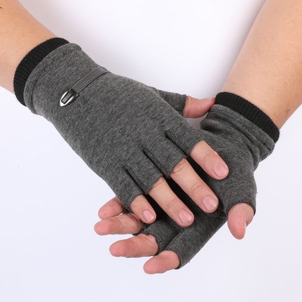

half men's winter plush warm students' outdoor cycling driving suede missing finger gloves, Blue;gray