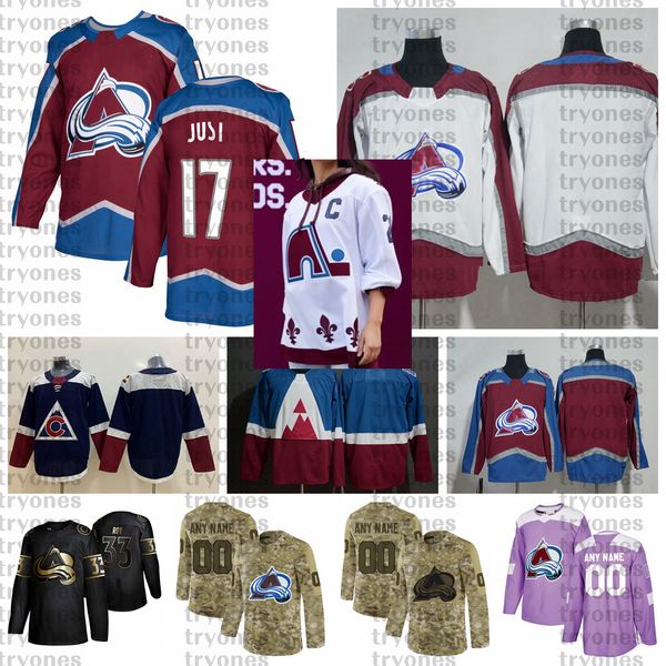 

2021 reverse retro customize #17 tyson jost colorado avalanche hockey jerseys golden edition camo veterans day fights cancer shirts, Black;red