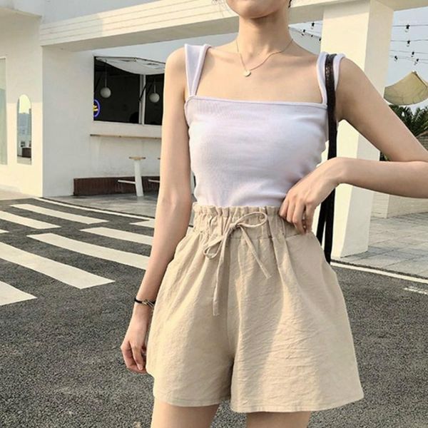 

high waist cotton linen shorts pants women summer plus size loose wide leg pants casual short trouser korean slim sweatpants1, White;black
