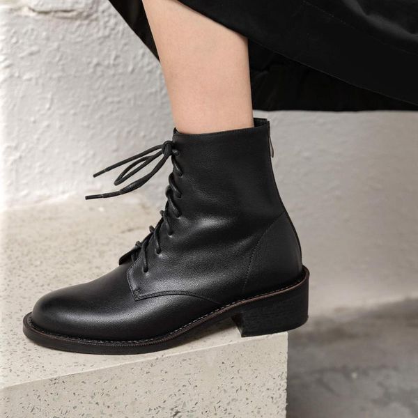 

botas mujer 2020 new winter shoes women's ankle boots cow leather lace up runway brand office lady concise ankle boots femme, Black