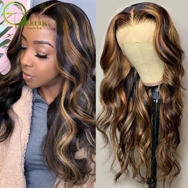 

sterly highlight wig colored human hair wigs 13x4x1 613 ombre body wave lace wig 4/27 highlight lace front human hair wigs, Black;brown