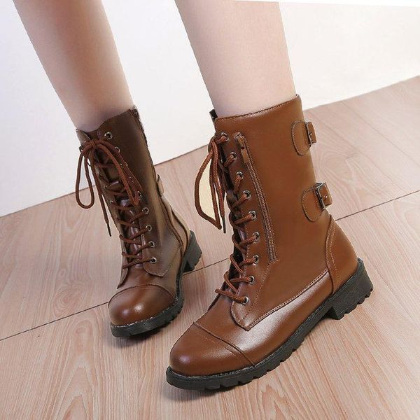 

women shoes lace up mid-calf boots zipper pu leather black heels 2020 female autumn cool ladies buckle motorcycle punk boot new