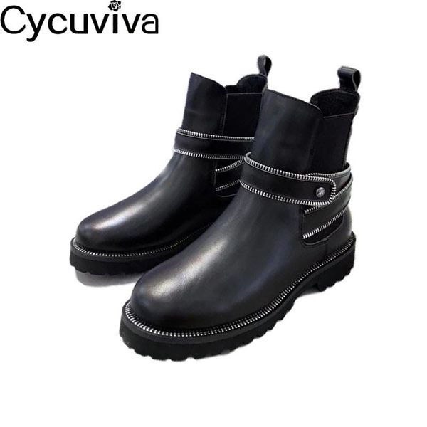 

boots leather buckle snow natural wool real flat knight platform warm winter shoes woman runway non slip, Black