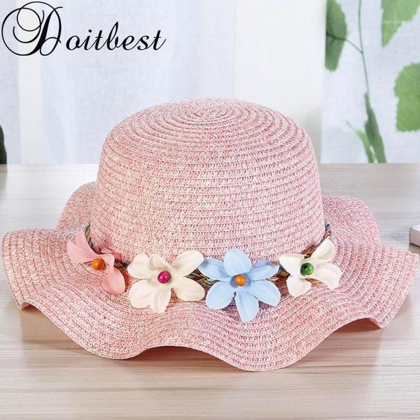 

wide brim hats 2021 korea 6 colors summer children four flowers simple wavy large brimmed straw hat boys girls beach parent-child sun hat1, Blue;gray