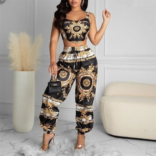 

summer women black clubwear two piece suit sets sleeveless scarf print crop & high waist casual long pants set 220315, White